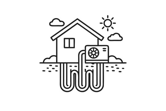 Geothermal ground source heat pump system outline vector icon. Sustainable home renewable energy heating and cooling technology illustration with underground loop pipes, house, and sun.