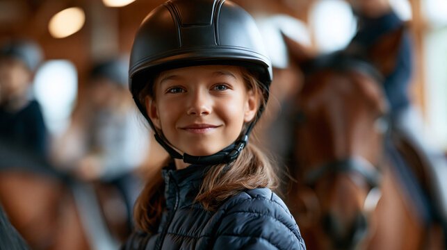 Horse riding school with little children at group training, equestrian lessons in indoor ranch hall, cute beginner girl in helmet sitting on brown horse horseback, youth activity,