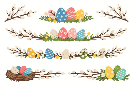 Set of Floral Easter Borders with Pussy Willow Branches and Colorful Decorated Eggs. Simple Flat Vector Illustration for Spring Holiday Greeting Cards, Invitations, and Festive Decorative Dividers