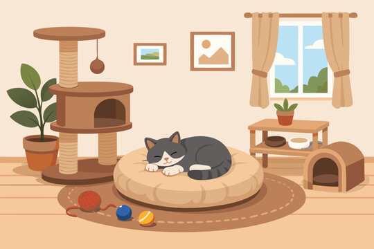 Vector Illustration of a Cozy Cat Room Featuring a Sleping Grey Kitty on a SoftCushion, a Tall ScratchingPost Tree, Pet House, YarnBall Toys, Indoor Plants, nd a Sunny Window Backgroud.