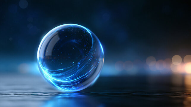 Neon holographic orb floating in space, futuristic energy sphere over reflective ground, technology sci-fi cosmic environment, starry night dramatic atmosphere, fantasy lighting,