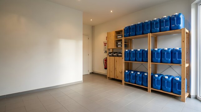 emergency drinking water containers stored neatly in modern utility room for household preparedness and self sufficient living