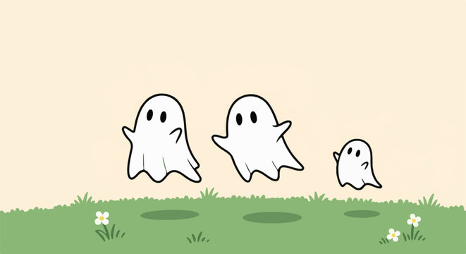 Three playful ghosts float across a grassy field with flowers