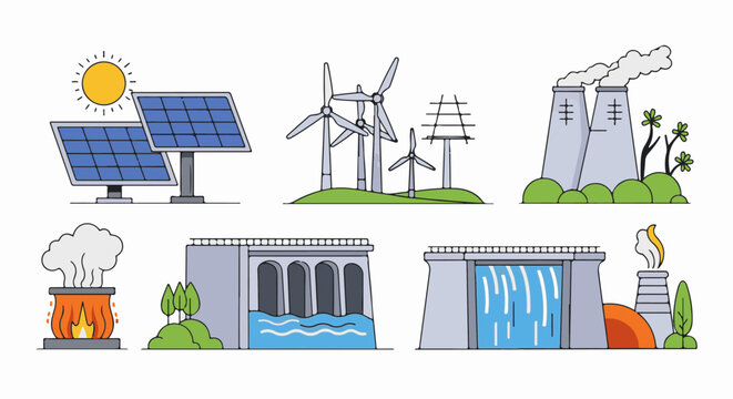 Various renewable and non-renewable energy generation facilities depicted
