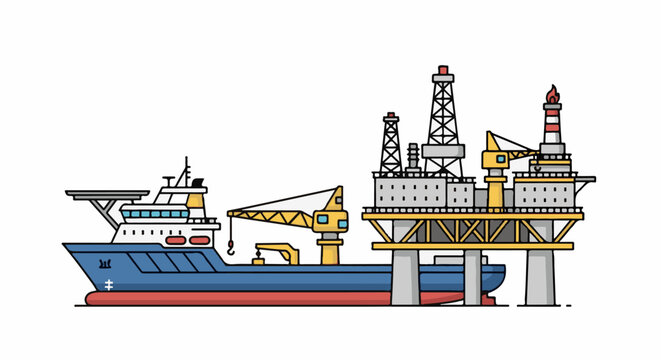 Vessel alongside offshore oil platform with cranes and flare stack