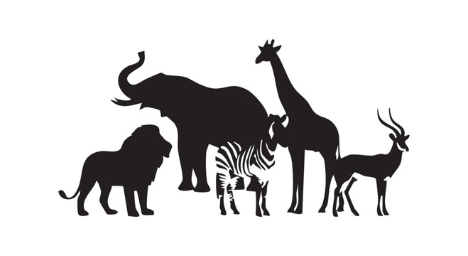 African safari animals vector illustration lion elephant zebra giraffe antelope silhouette.