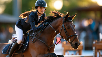 Obraz premium Young woman horseback riding jumping over hurdle on showjumping course, equestrian sports event competition, athletic performance, obstacle jump, professional riding, outdoor