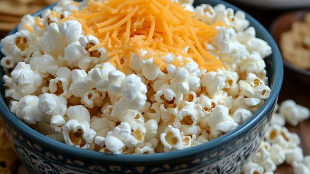 selective focus large bowl of popcorn covered in powdered cheese with bold orange coating