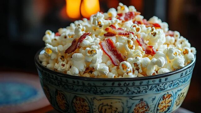 selective focus large bowl of freshly popped popcorn with crispy bacon bits and smoky seasoning