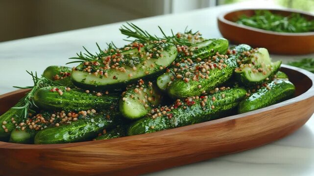 selective focus rustic wooden platter with sweet and sour marinated pickles arranged artfully
