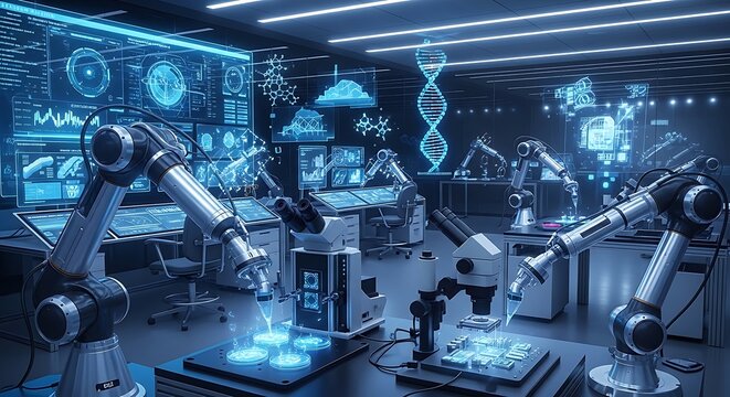 Advanced robotic arms collaborate in a high-tech facility filled with holographic data visualizations.