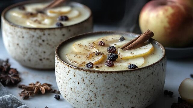 selective focus warm sweet and sour fruit soup with apples pears dried fruits cinnamon cloves steam rising