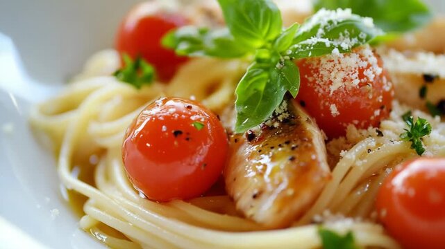 selective focus italian spaghetti with sardines and tomatoes close-up rustic plating
