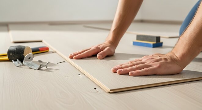 Person Installing Light Colored Laminate Flooring During Home Renovation
