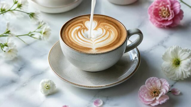 A ceramic cup of latte with intricate heart shaped foam art sits on a white marble surface.