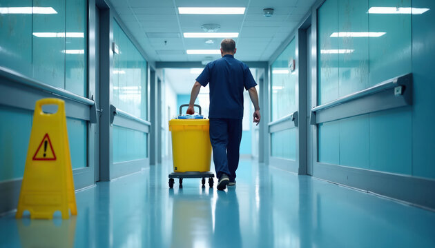 Man walks down hospital corridor with cleaning cart. A yellow wet floor sign warns of danger. Medical facility hygiene maintenance is important work.