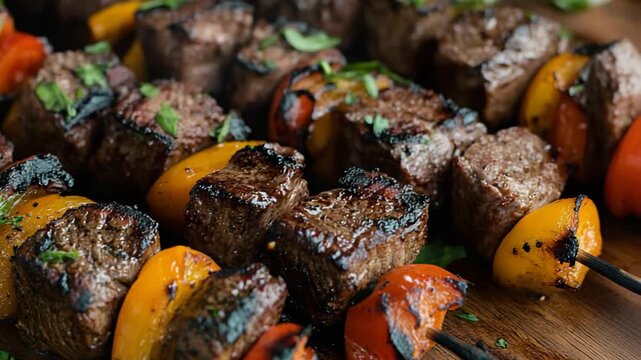 selective focus close-up beef shashlik skewers grilled with tender juicy beef charred peppers onions rustic wooden platter
