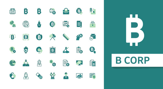 Diverse collection of bitcoin and finance related icons with a Bitcoin logo and text 'B CORP' on a teal background, representing digital currency and corporate finance