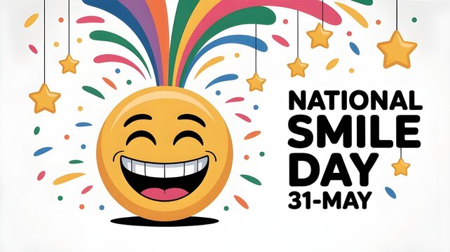 Colorful illustration of a smiling face with rainbow hair and confetti stars celebrating national smile day on may 31st with vibrant text and playful design elements