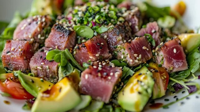 selective focus fresh vibrant salad with avocado slices seared tuna sesame seeds light soy dressing white plate