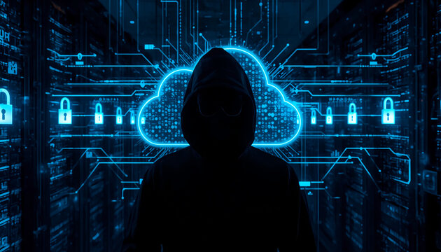 Cloud security and data protection concept with hacker silhouette