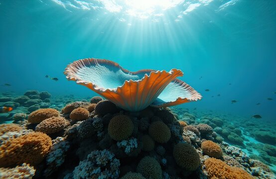 Underwater scene with vibrant coral reef and large, open clam shell. Sun rays pierce deep blue ocean water illuminating aquatic life. Small fish swim near seabed.