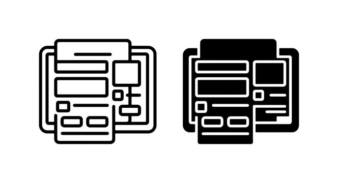 Website Wireframe Icons, Web Design Layout Mockup, UI UX Planning Elements, Digital Interface Structure, Black and White Vector Graphics