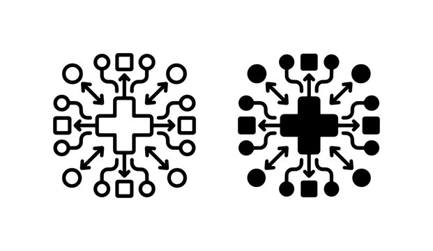 Abstract Network Hub Vector Icons, Data Flow Connections, Digital Technology Symbols, Information Processing Graphics