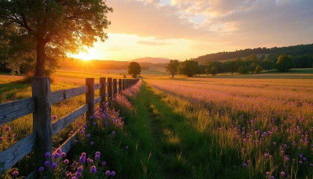 Rustic wooden fence lines a path through a vibrant meadow of purple wildflowers. Golden sunset light illuminates rolling hills and trees in the distance, creating a serene countryside scene.