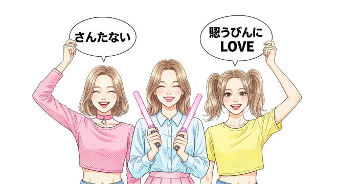 Three cheerful young women, mid-teen, energetic smiles, manga style, vibrant tops, holding speech bubbles and glow sticks, top-down view on transparent background, studio lighting, joyful fandom