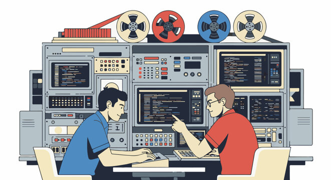 Two programmers collaborate on a vintage computer system with reel-to-reel tapes