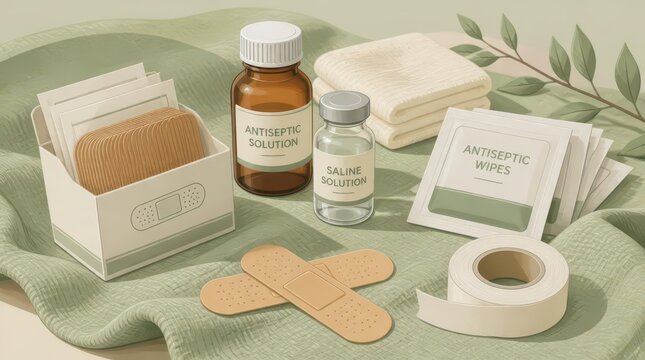 Meticulously curated home healthcare supplies, featuring antiseptic solution, saline bottles, and various medical essentials arranged for organized care in a clean and aesthetic medical setting.
