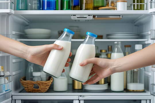 Person hands holding two glass bottles of fresh milk inside opened refrigerator full of drinks.
