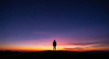 Obraz premium Person standing on a hill under a colorful sunset sky illustration