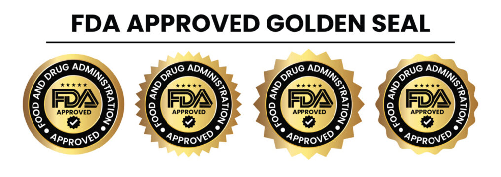 fda approved golden seal graphic with text and checkmark isolated on white background