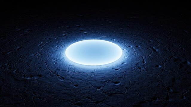 Futuristic blue circular glow on dark rocky surface.