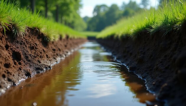 Freshly dug ditch with water pools after rain. Brown earth walls rise along green grassy field. Gentle ripples on water surface, trees in soft focus background.