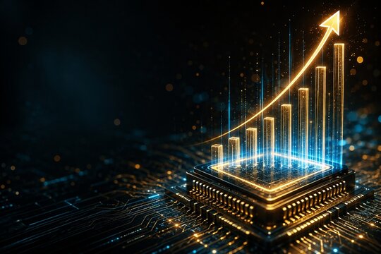 3D tech illustration of a futuristic semiconductor microchip processor with rising financial graphs and arrow, depicting electronic component price surge or inflation concept