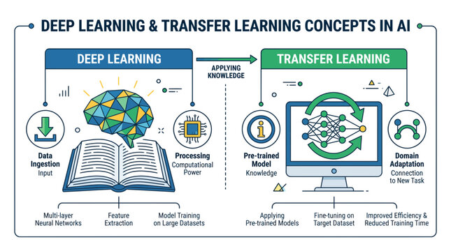 Infographic illustrating the core concepts and workflow of deep learning and transfer learning in artificial intelligence.