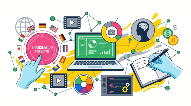 Digital translation services and professional localization workflow illustration.
