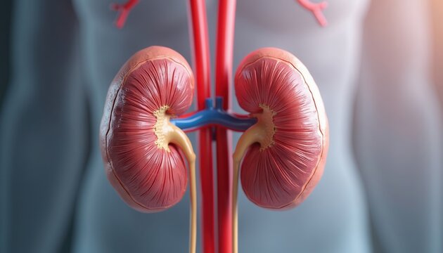 Human kidneys and major blood vessels shown in detail. Medical illustration displays internal organ structure with ureters and renal artery vein. Anatomical model highlights kidney filters function.