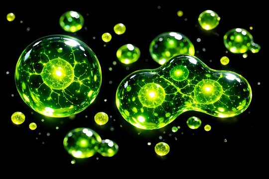 Glowing green biological cell structures floating on a dark background. This high resolution digital render is suitable for science presentations, medical slides, and templates.