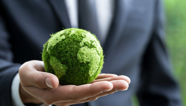 Businessman Holding Planet Earth with Green Nature Elements in Hands, Global Sustainability and Environmental Protection Concept, Corporate Responsibility for Climate Change, Eco Friendly 
