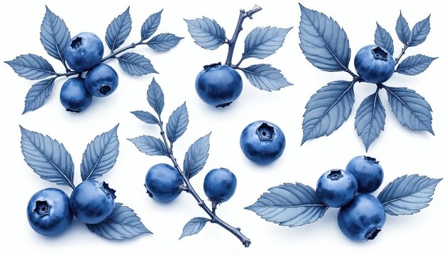Collection of hand-drawn blueberry sprigs with leaves. Isolated blue berries in clusters and single fruit on white background. Botanical illustration for food design projects and healthy recipes.