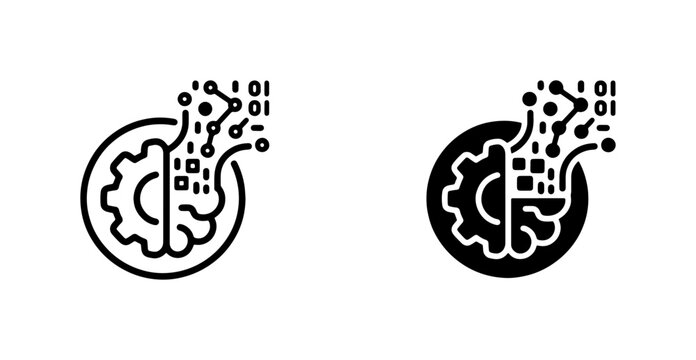 AI Brain and Gear Icons, Artificial Intelligence Concept, Machine Learning Symbol, Digital Transformation Vector Set