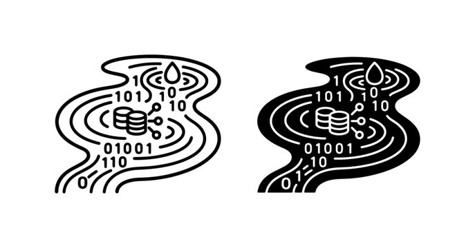 Digital Data Stream Flow, Binary Code River, Abstract Technology Concept Vector Icons. Information Flow and Network Connection Symbols.