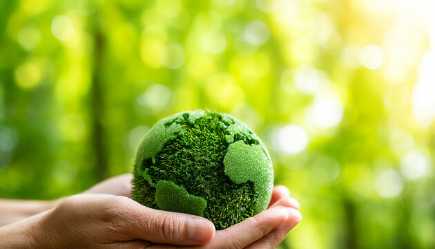 Human Hand Holding Planet Earth with Green Nature and Forest Elements, Environmental Protection and Global Sustainability Concept, Save the Planet, Eco Friendly Lifestyle, Climate Change Awareness, 