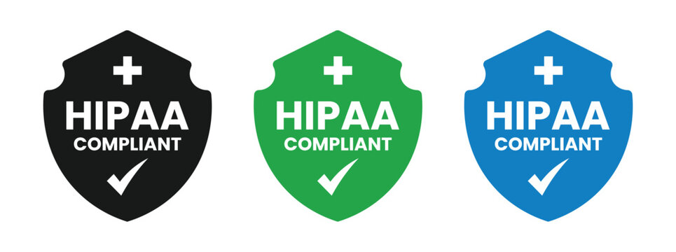 hipaa compliant shield icons in black green and blue with white plus signs and checkmarks