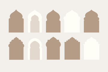 Obraz premium Islamic Arch Shapes and Silhouettes in Neutral Beige Colors. Minimalist Vector Frames for Ramadan Kareem, Eid Mubarak Backgrounds, Arabic Mosque Windows, and Decorative Greeting Card Design Labels.
