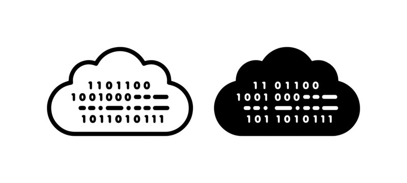 Cloud Computing Binary Code Icons, Digital Data Storage and Network Technology Symbols, Data Transfer and Cloud Storage Concepts